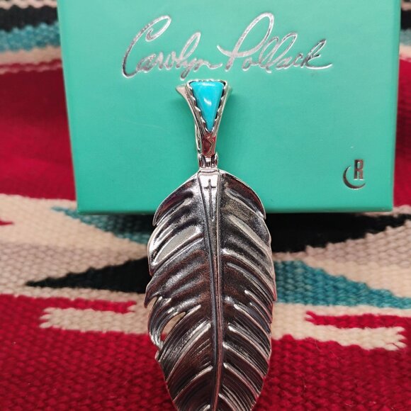 Fritz Casuse Carolyn Pollack Sterling Silver Turquoise Prayer Feather Pendant - Picture 6 of 10